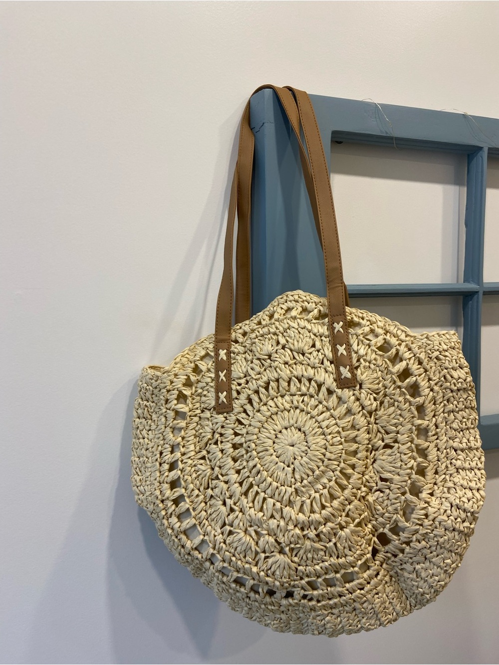 Woven Round Straw Tote Bag with Tan Handles - Picture 2 of 5